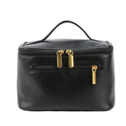 Borsa cosmetica nera in pelle sintetica con doppia cerniera dorata, manico superiore. Elegante e pratica per viaggi e organizzazione trucco.