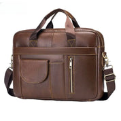 Borsa a tracolla in pelle marrone per laptop, con tasche frontali e cerniera, manici resistenti, ideale per lavoro e viaggio.