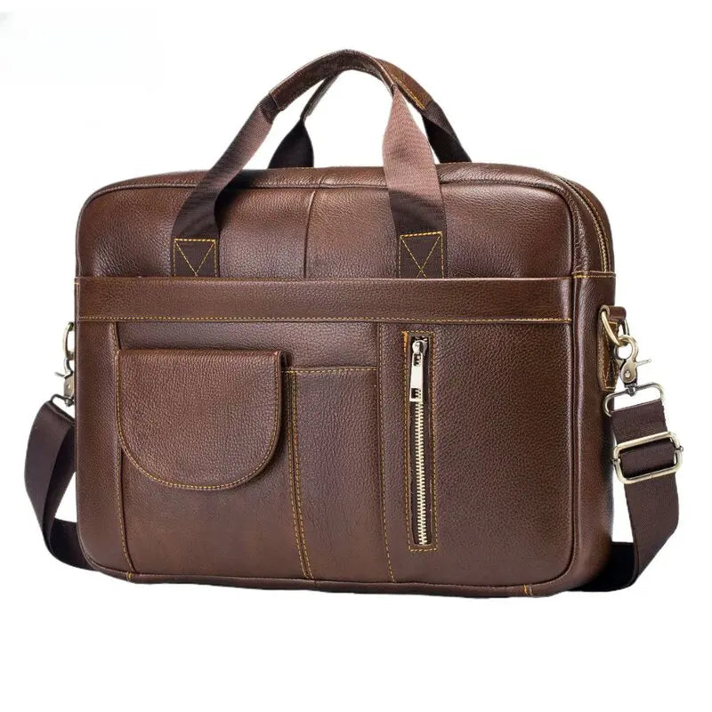 Borsa a tracolla in pelle marrone per uomo, con tasche frontali e cerniera, ideale per lavoro e viaggio. Design elegante e funzionale.