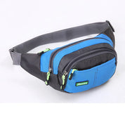 Marsupio sportivo blu e nero con cerniere verdi, design compatto e resistente, ideale per attività all'aperto e viaggi. Accessorio unisex pratico.