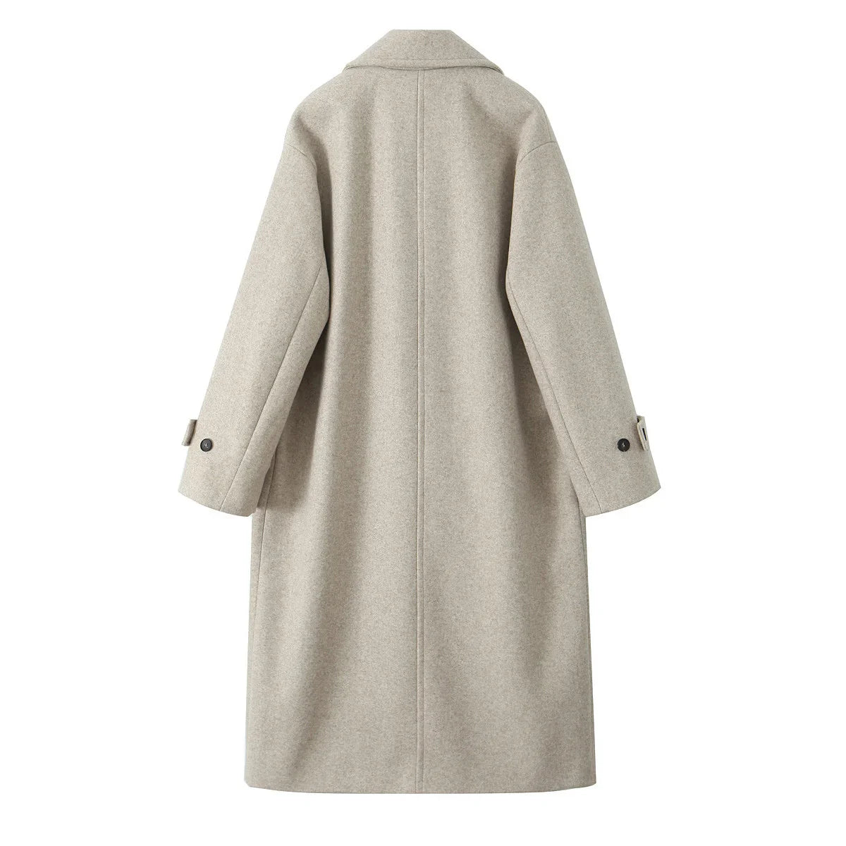 Cappotto lungo donna beige, lana, design elegante, bottoni su polsini, moda autunno inverno, abbigliamento femminile, stile classico.