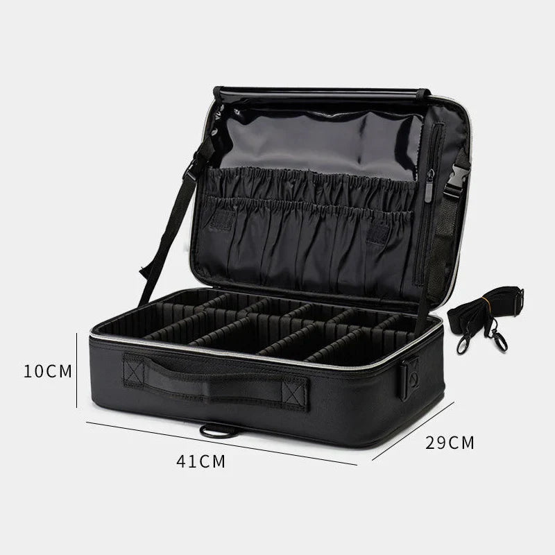 Borsa organizer nera per fotocamera, dimensioni 41x29x10 cm, con scomparti regolabili e tasche interne, ideale per trasporto attrezzatura fotografica.
