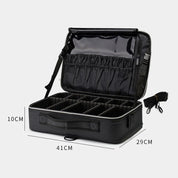 Borsa organizer nera per fotocamera, dimensioni 41x29x10 cm, con scomparti regolabili e tasche interne, ideale per accessori fotografici.