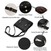 Borsa a tracolla nera in pelle sintetica con cerniera liscia, tasca magnetica, cinturino regolabile, materiale impermeabile, accesso rapido.