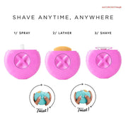 Rasoio portatile rosa 3-in-1 per donna, con spray, schiuma e lama. Design compatto, ideale per viaggi. Rasatura facile ovunque.