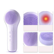 Dispositivo per pulizia viso in silicone viola con vibrazione e calore, pulsanti di controllo, ideale per esfoliazione e cura della pelle.