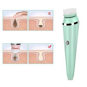 Dispositivo di pulizia viso elettrico verde, rimozione punti neri, esfoliazione pelle, illustrazioni uso corretto, cura della pelle, bellezza.