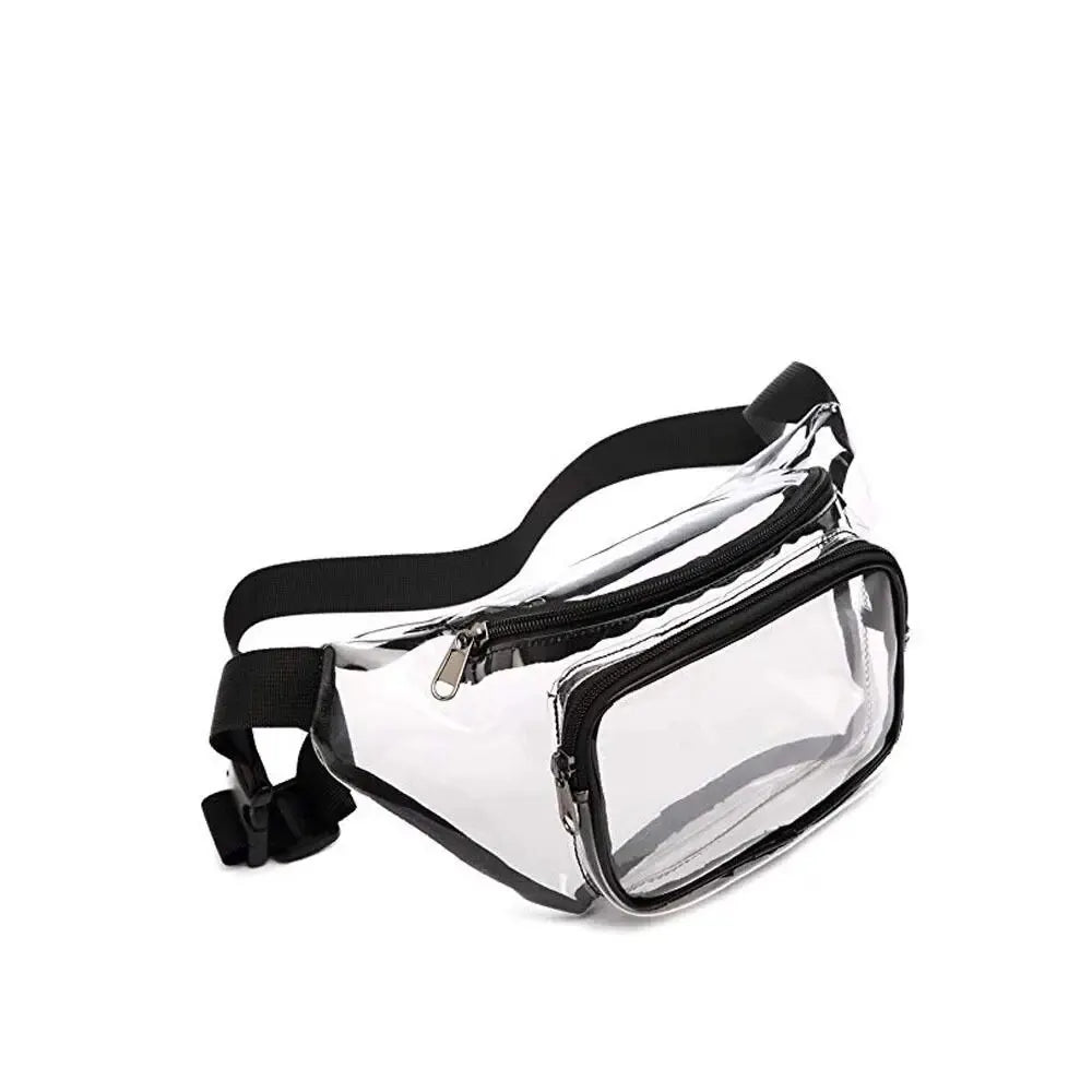 Marsupio trasparente in PVC con cerniera nera, cintura regolabile. Perfetto per eventi, concerti, stadi. Accessorio moda pratico e versatile.