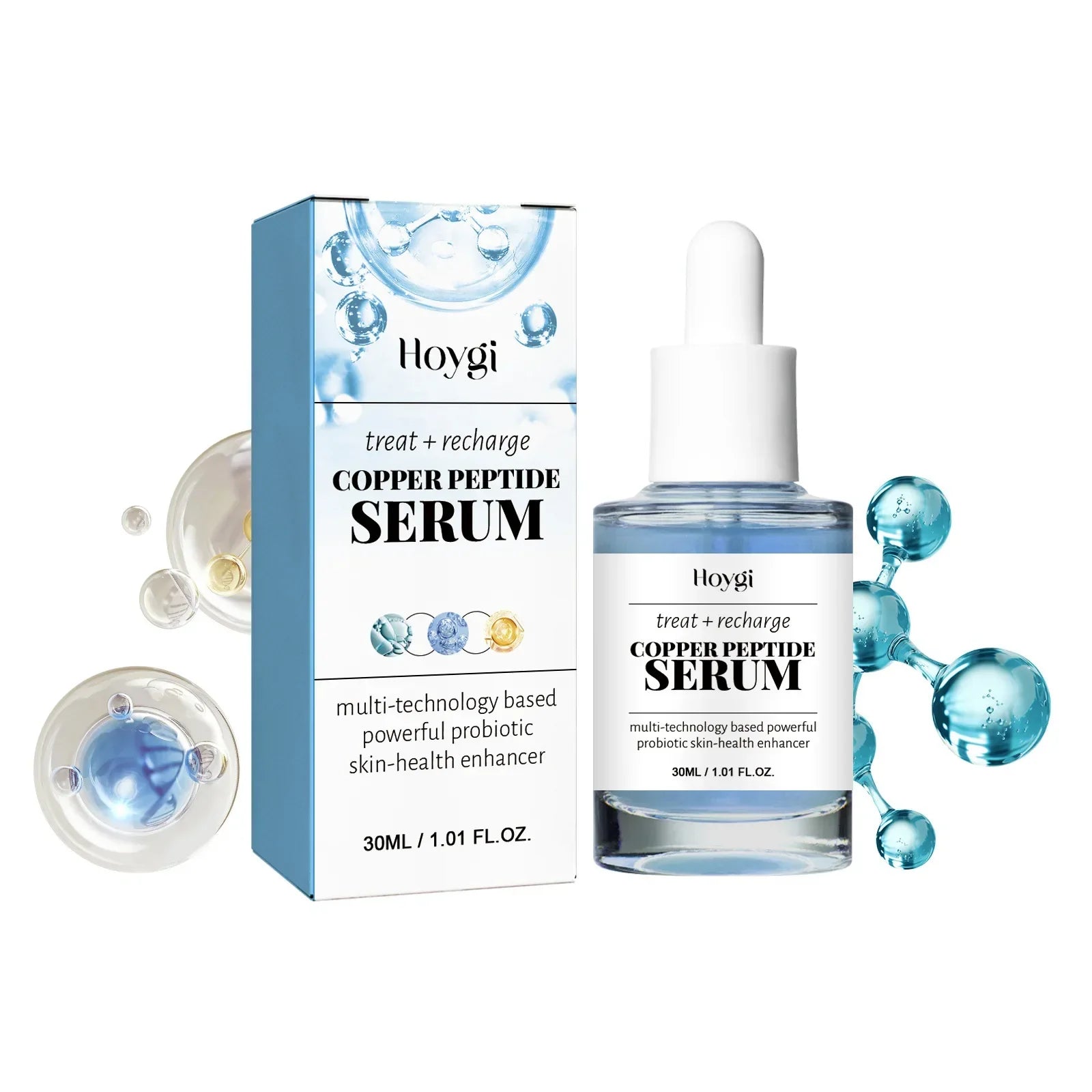 Siero peptidico al rame Hoygi da 30ml con scatola, arricchito con probiotici per la pelle. Flacone con contagocce, design elegante e moderno.