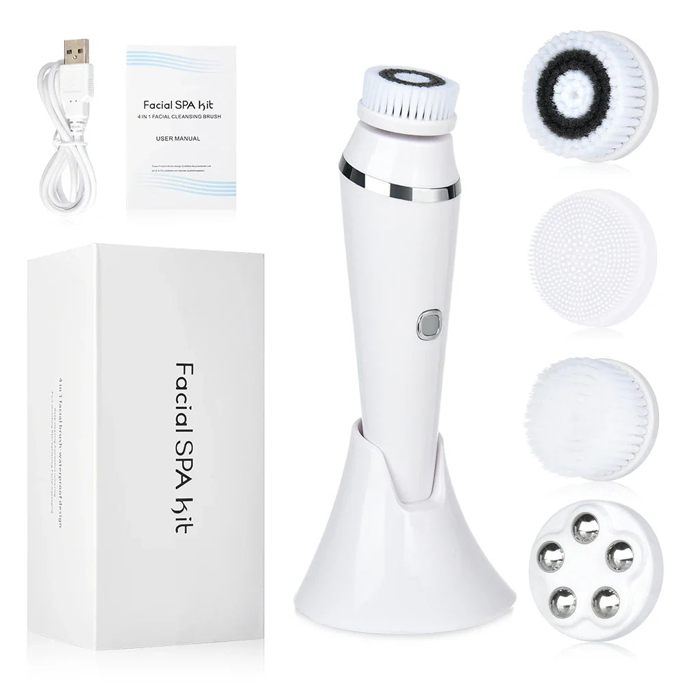 Set pulizia viso elettrico con spazzola rotante, 4 testine intercambiabili, base di ricarica, cavo USB e manuale. Ideale per cura della pelle.