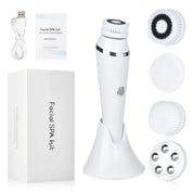 Set pulizia viso elettrico con spazzola rotante, 4 testine intercambiabili, base di ricarica, cavo USB e manuale. Ideale per cura della pelle.