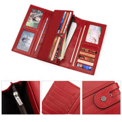 Portafoglio donna in pelle rossa, con scomparti per carte di credito, foto e banconote. Design elegante e funzionale, ideale per uso quotidiano.