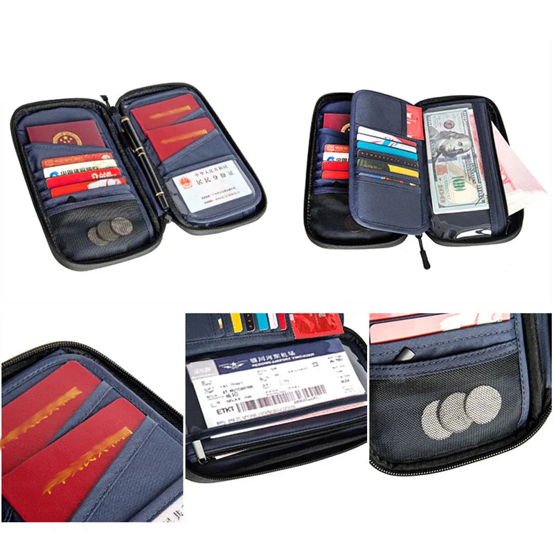 Portafoglio organizer da viaggio in pelle nera con cerniera, scomparti per carte di credito, banconote, monete e documenti. Accessorio pratico e compatto.