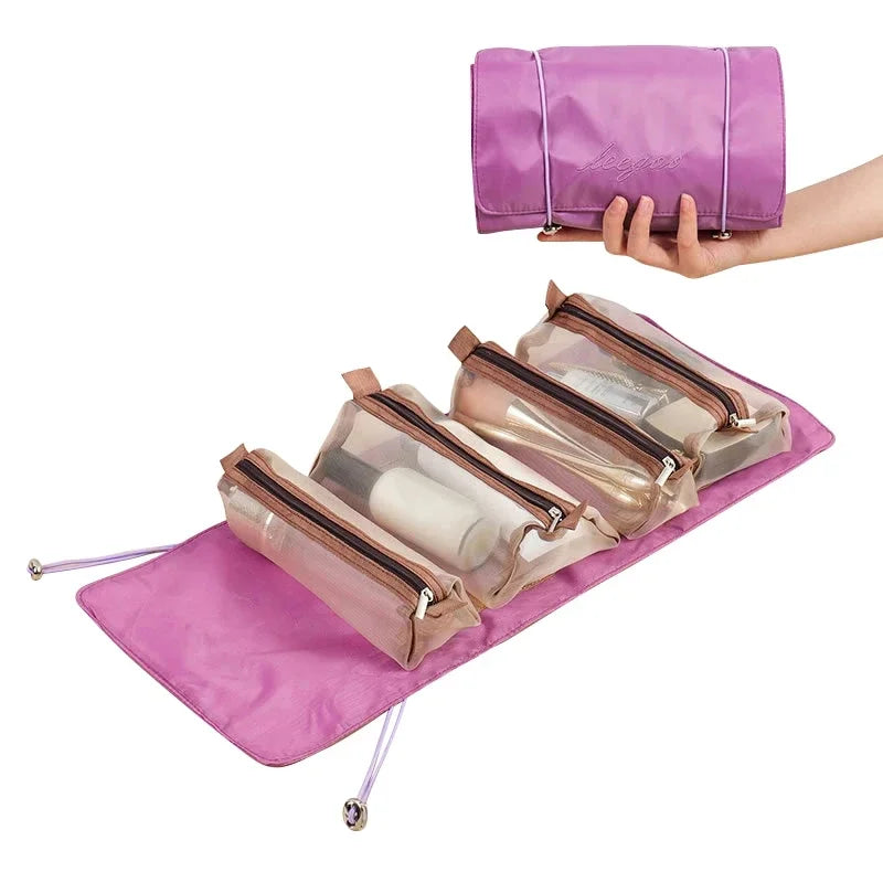 Astuccio da viaggio rosa con scomparti trasparenti per cosmetici, arrotolabile e portatile. Ideale per organizzare trucchi e accessori.