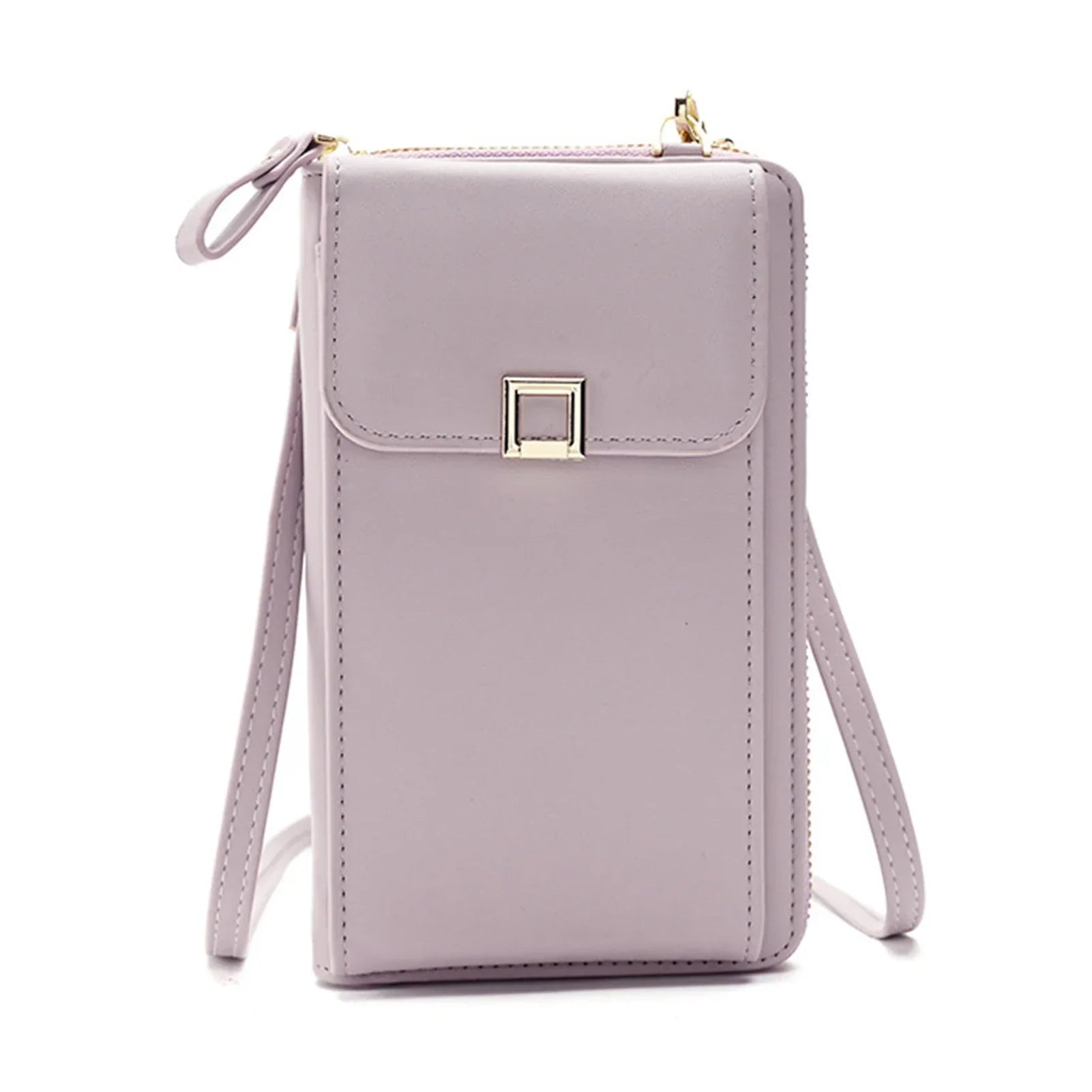 Borsa a tracolla in pelle sintetica lilla, design compatto con chiusura a bottone, ideale per smartphone e accessori. Elegante e pratica.