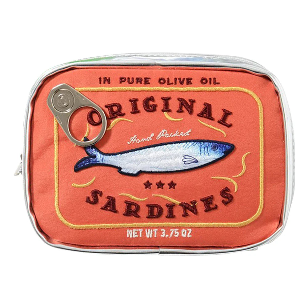 Scatola di sardine in olio d'oliva, design vintage, colore arancione, con scritta "Original Sardines", peso netto 3,75 oz, chiusura a strappo.