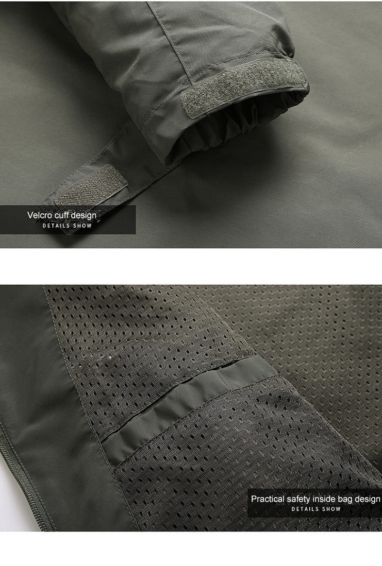 Giacca verde con polsini in velcro e tasca interna sicura. Design pratico e resistente, ideale per attività all'aperto. Materiale traspirante.