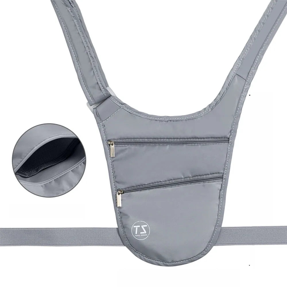 Marsupio antifurto grigio con doppia cerniera, design ergonomico, tasche multiple, ideale per viaggi sicuri e pratici. Accessorio moda unisex.