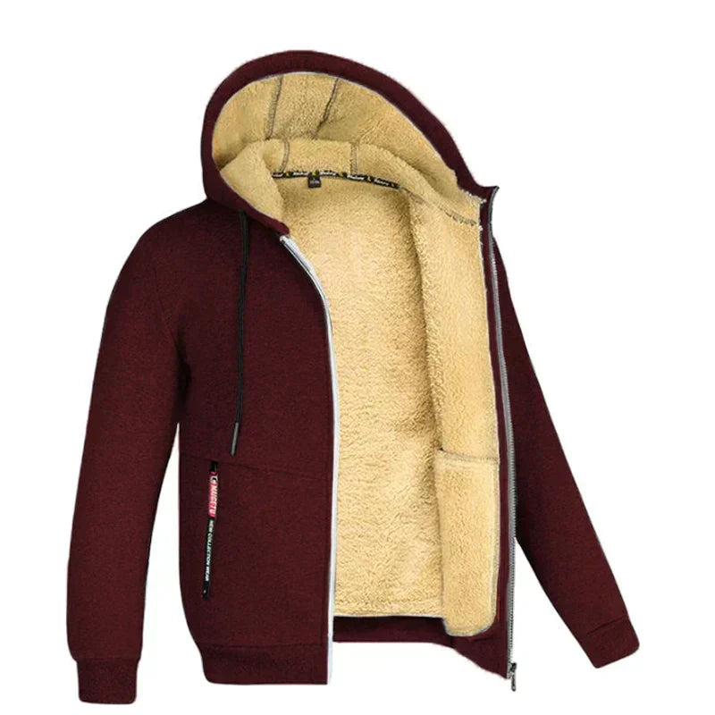 Giacca con cappuccio invernale da uomo, colore bordeaux, interno in pelliccia sintetica beige, chiusura a zip, tasche laterali, moda casual calda.