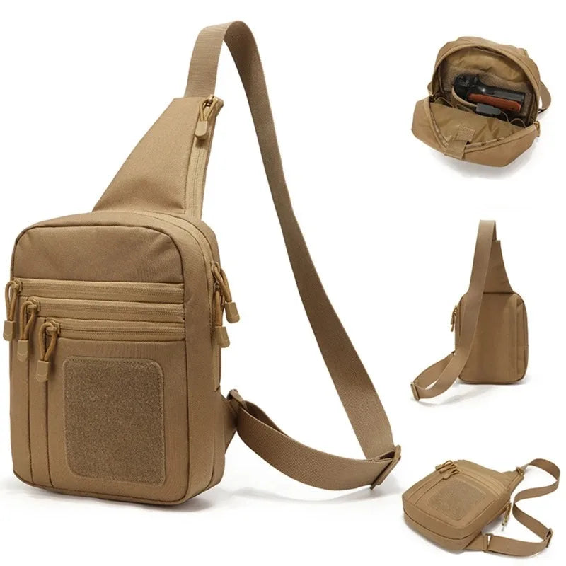 Zaino a tracolla tattico beige, multifunzionale, con scomparti multipli e cerniere robuste, ideale per escursioni e attività all'aperto.
