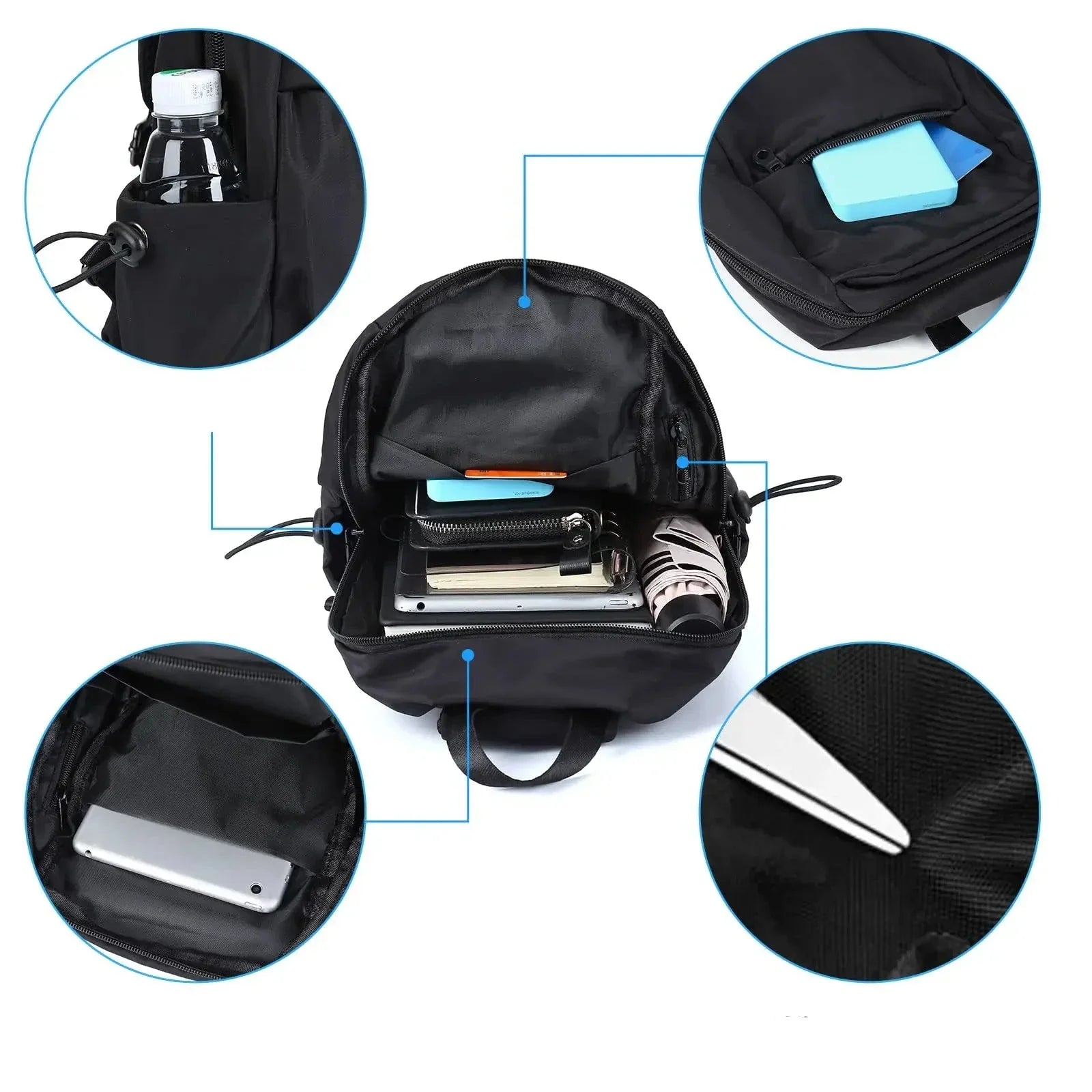 Zaino nero multifunzione con tasche multiple, bottiglia d'acqua, tablet, portafoglio e penna. Ideale per scuola, lavoro e viaggio.