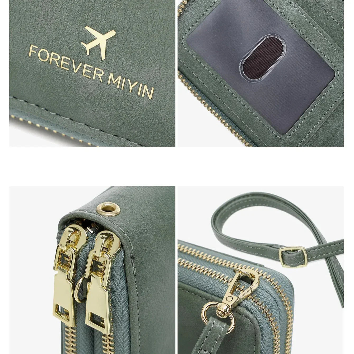 Portafoglio da viaggio verde in pelle sintetica con cerniera dorata, logo "Forever Miyin", scomparti multipli e cinturino da polso.
