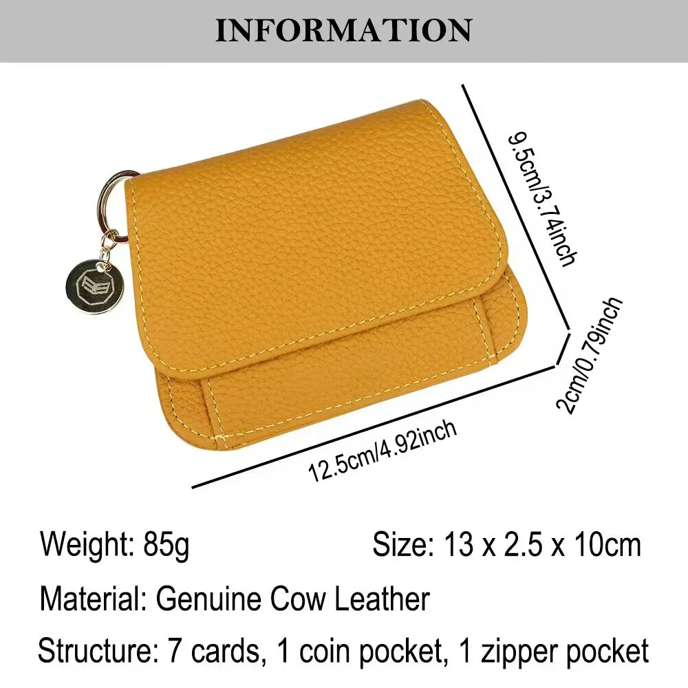 Portafoglio donna in pelle bovina gialla, 13x2,5x10cm, 85g. Struttura: 7 scomparti per carte, 1 tasca per monete, 1 tasca con zip.