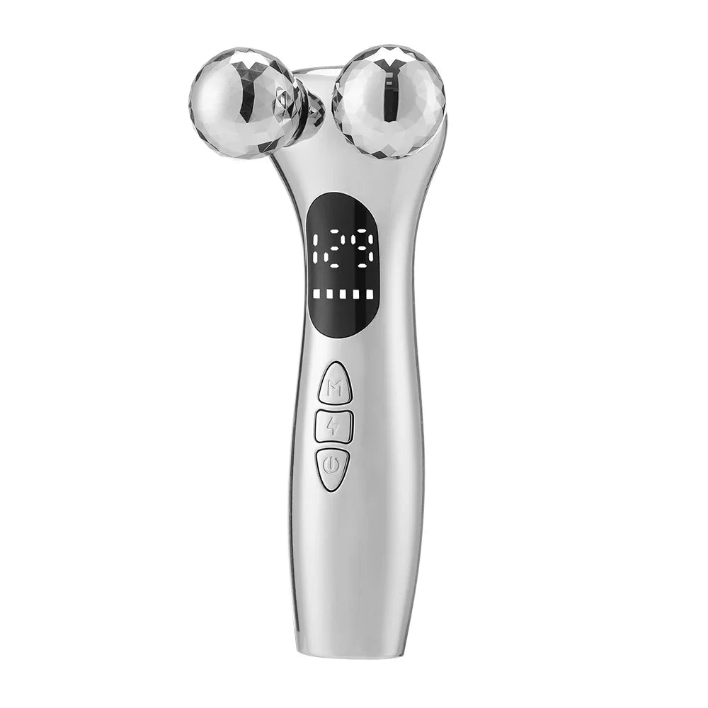 Rullo massaggiante viso argento con display LED, doppia sfera rotante, pulsanti di controllo. Strumento bellezza anti-età, lifting pelle.