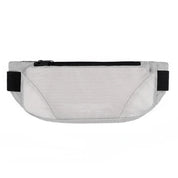 Marsupio sportivo grigio chiaro con cerniera nera, design compatto e resistente, ideale per corsa e attività all'aperto. Tasche multiple, regolabile.