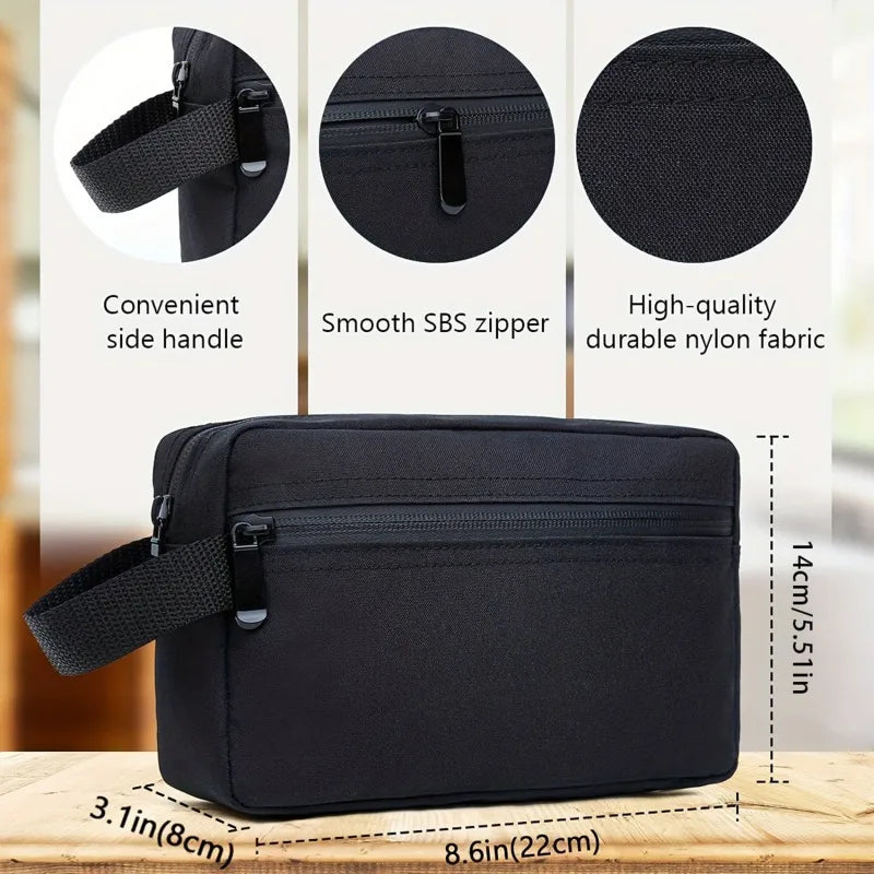Borsa da toilette nera in nylon resistente, con manico laterale, cerniera SBS liscia, dimensioni 22x14x8 cm, ideale per viaggi e organizzazione.
