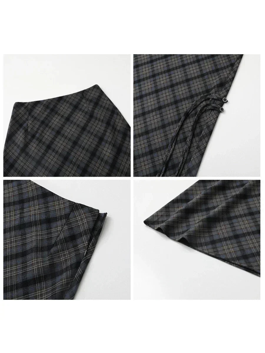 Gonna a quadri grigia e nera, dettagliata in quattro immagini. Design elegante, tessuto a quadri, ideale per moda autunnale e invernale.