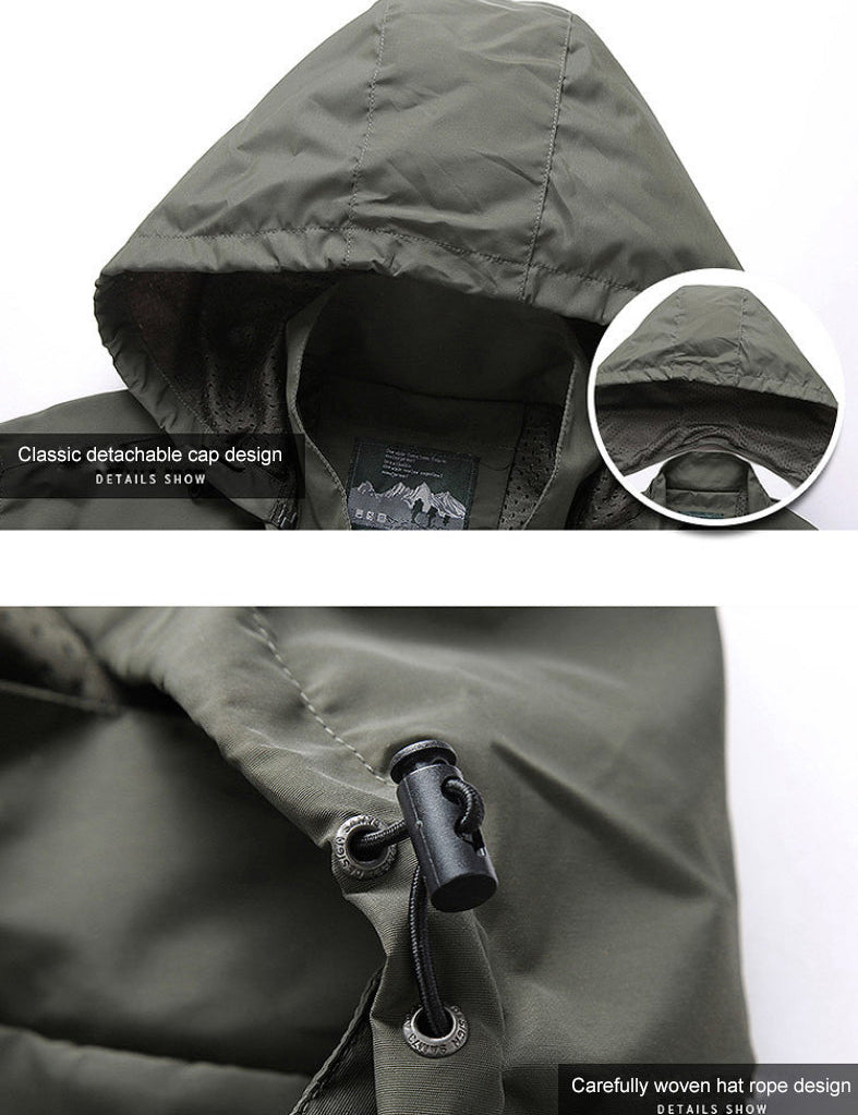 Giacca impermeabile verde con cappuccio staccabile, design classico, cordino regolabile. Ideale per outdoor, trekking, escursionismo.