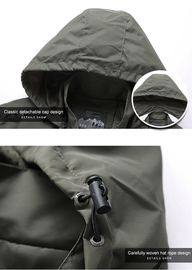 Giacca impermeabile verde con cappuccio staccabile, design classico, cordino regolabile. Ideale per outdoor, trekking, escursionismo.