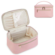 Astuccio cosmetico rosa con cerniera, tasche interne e manico. Ideale per trucco e accessori da viaggio. Design elegante e funzionale.