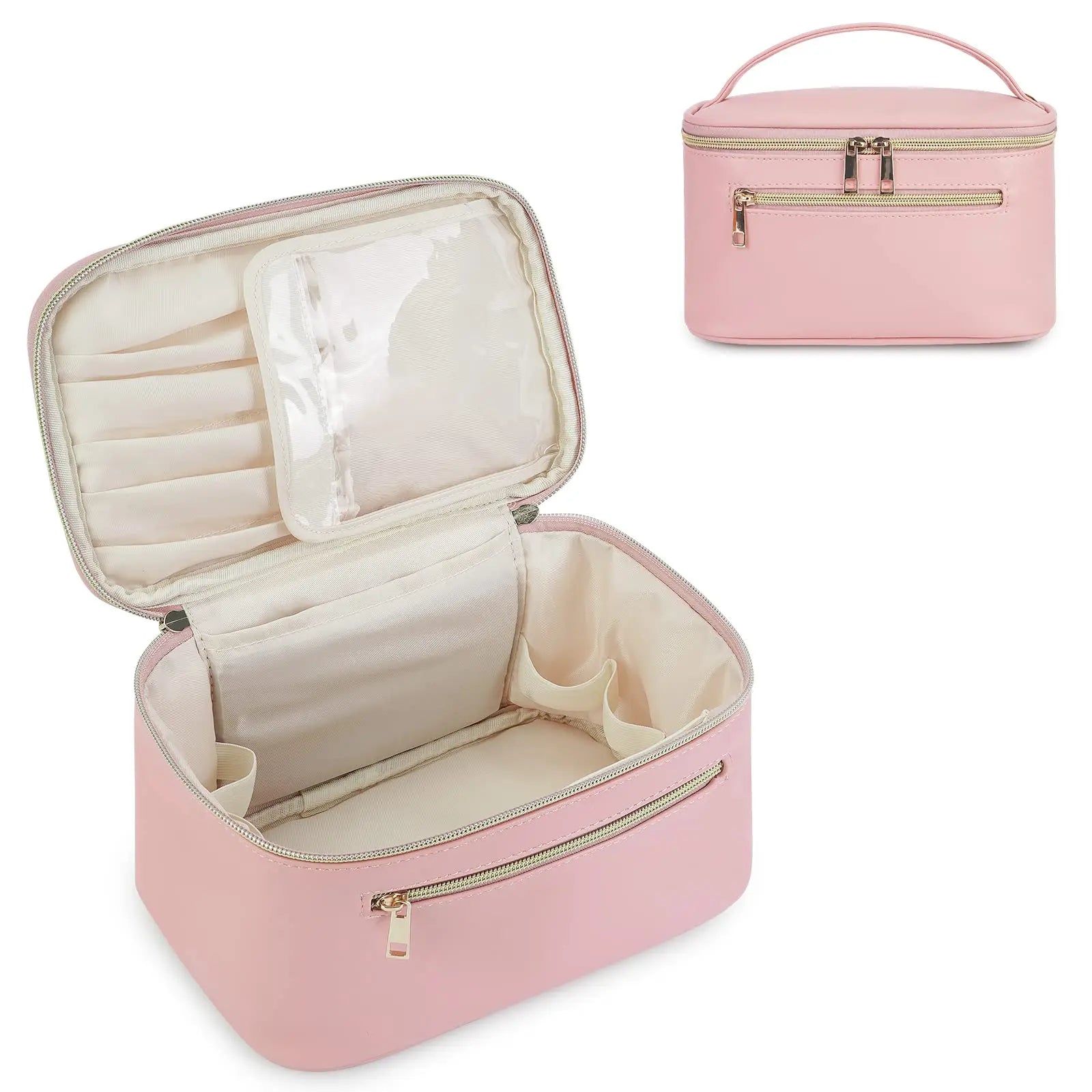 Astuccio cosmetico rosa con cerniera, tasche interne e manico. Ideale per trucco e accessori da viaggio. Design elegante e funzionale.