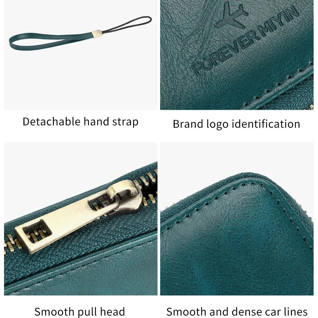 Portafoglio in pelle verde con cerniera dorata, logo "FOREVER MIYIN", cinturino staccabile, cuciture precise. Accessorio moda elegante e funzionale.