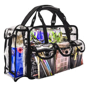 Borsa trasparente multiuso con manici, tasche frontali e laterali, ideale per cosmetici, accessori trucco e articoli da viaggio.