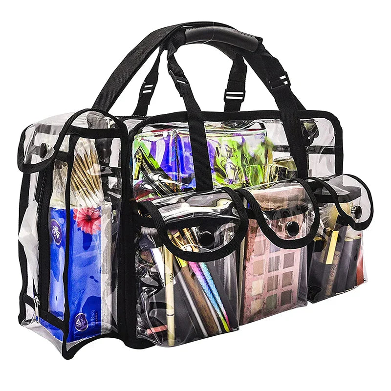Borsa trasparente multiuso con manici, tasche frontali e laterali, ideale per cosmetici, accessori trucco e articoli da viaggio.