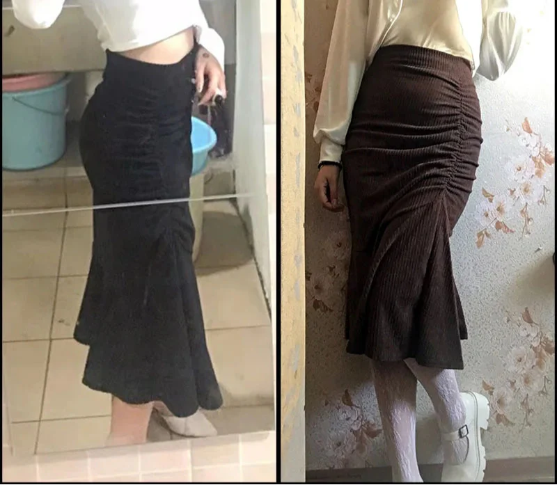 Gonna a tubino a vita alta, nera e marrone, con arricciature, indossata da modella. Moda femminile, abbigliamento elegante, stile autunnale.