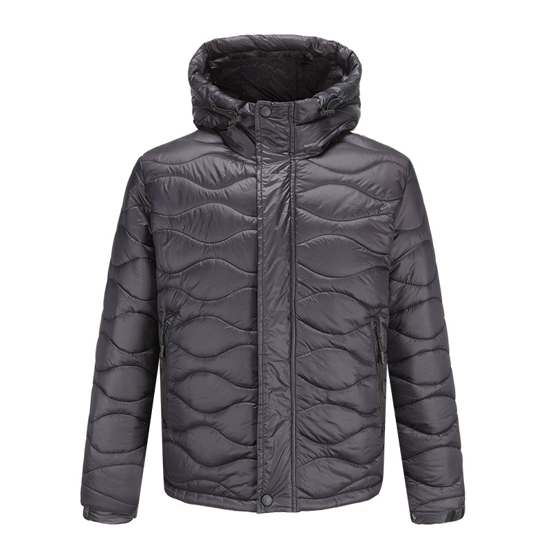 Giacca invernale imbottita grigia con cappuccio, design trapuntato, chiusura a zip, ideale per uomo, moda outdoor, abbigliamento caldo.