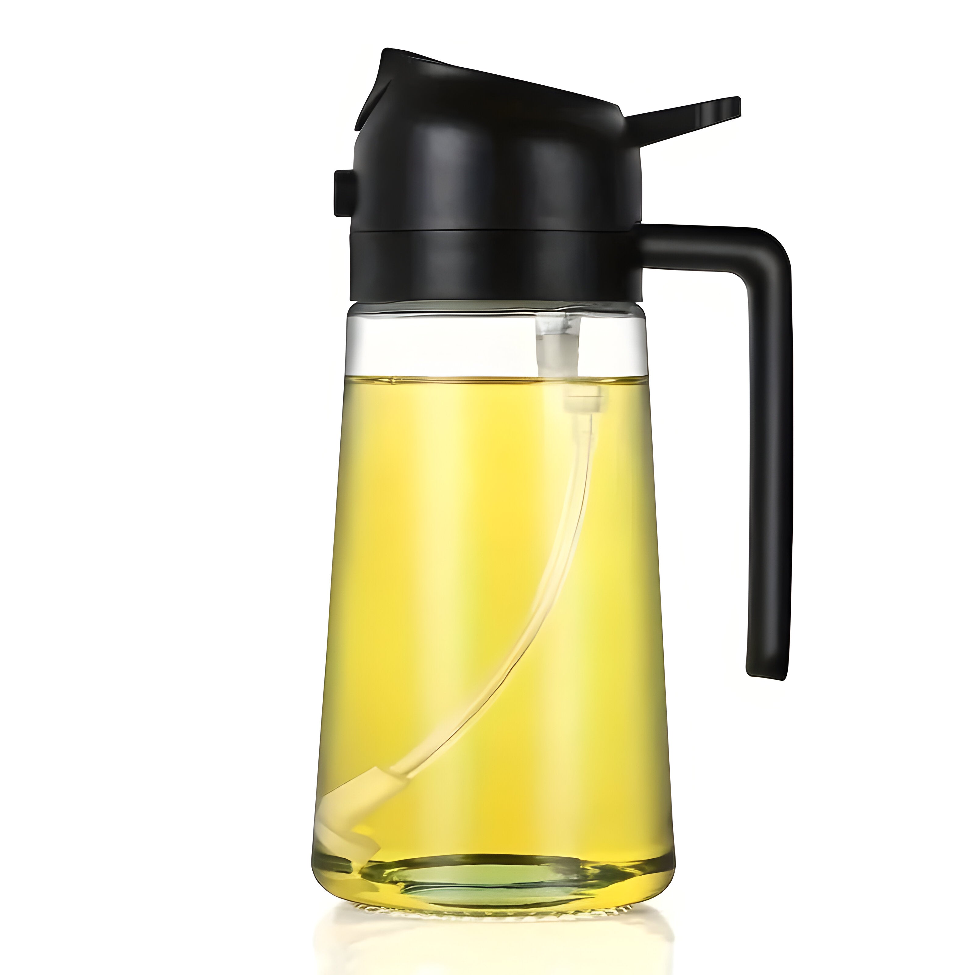 Caraffa per olio in vetro trasparente con coperchio nero e manico ergonomico. Design moderno, ideale per cucina e ristoranti. Capacità 1 litro.