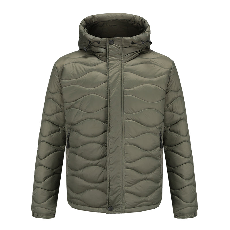 Giacca invernale verde oliva con cappuccio, imbottita, chiusura a zip, design trapuntato, ideale per uomo, moda outdoor, abbigliamento caldo.