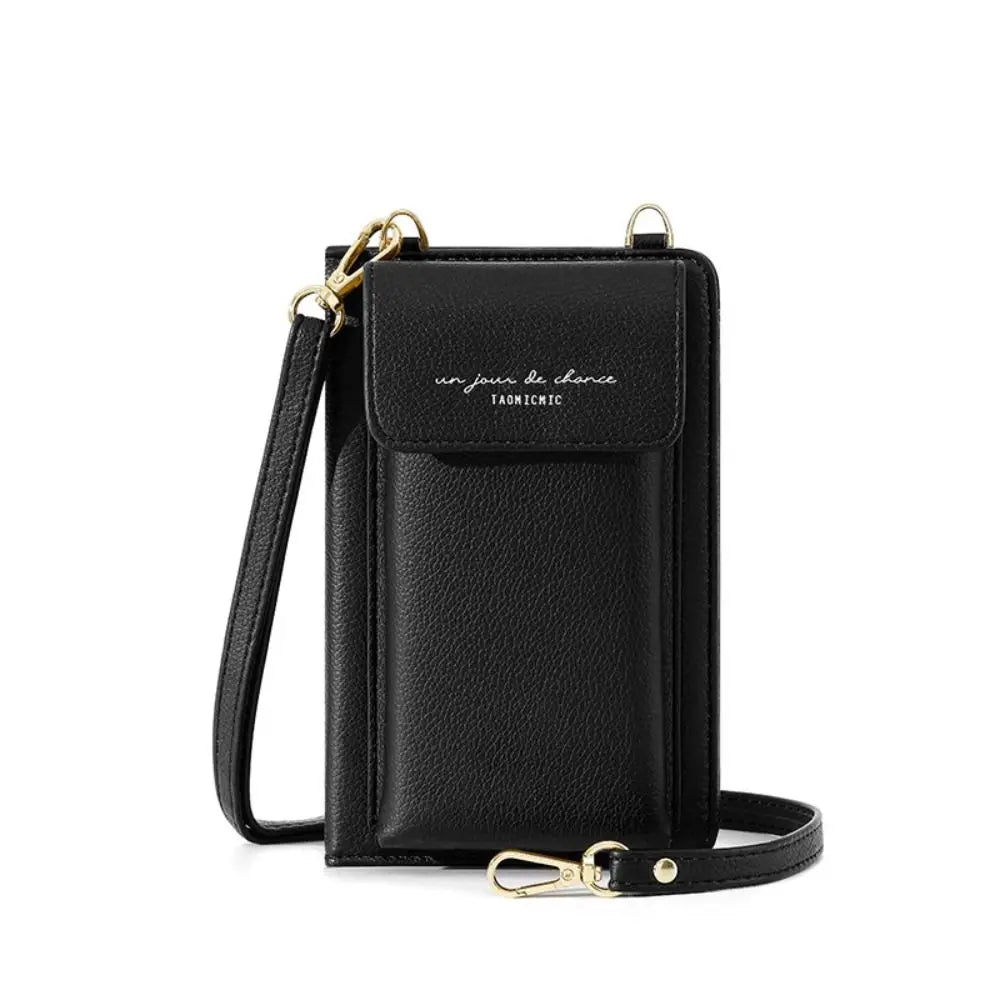 Custodia portafoglio in pelle nera con tracolla, tasca frontale e chiusura a bottone. Design elegante e pratico per smartphone.