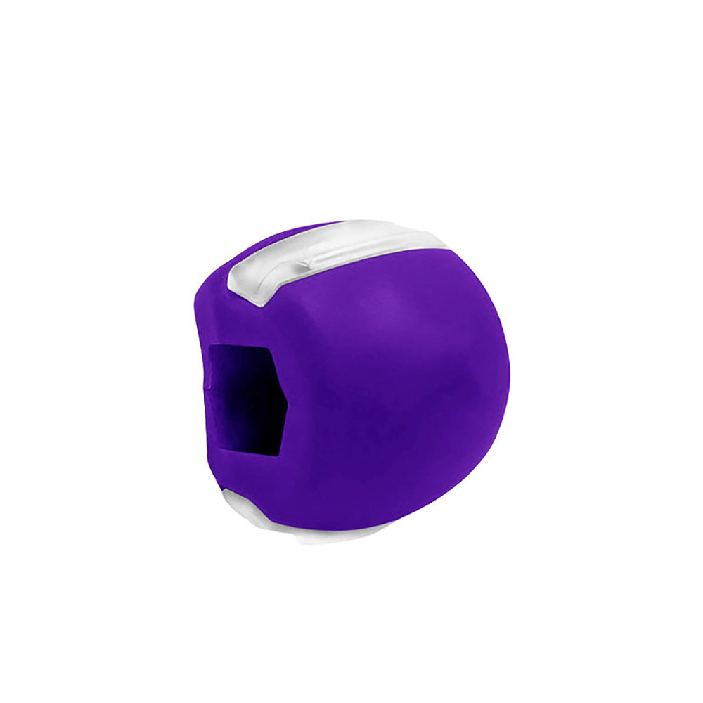 Palla da allenamento viola con inserti bianchi, design ergonomico, ideale per esercizi di forza e resistenza. Accessorio fitness versatile.