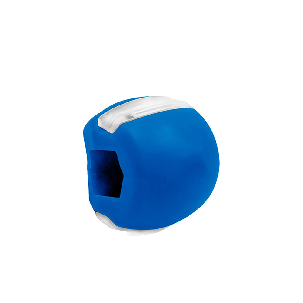 Palla da allenamento blu con inserti bianchi, design ergonomico, ideale per fitness e potenziamento muscolare. Accessorio sportivo versatile.