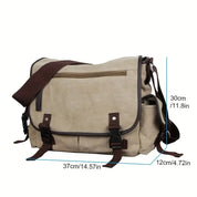 Borsa a tracolla in tela beige con cinghie marroni, tasca frontale con zip, dimensioni 37x12x30 cm. Ideale per laptop e uso quotidiano.