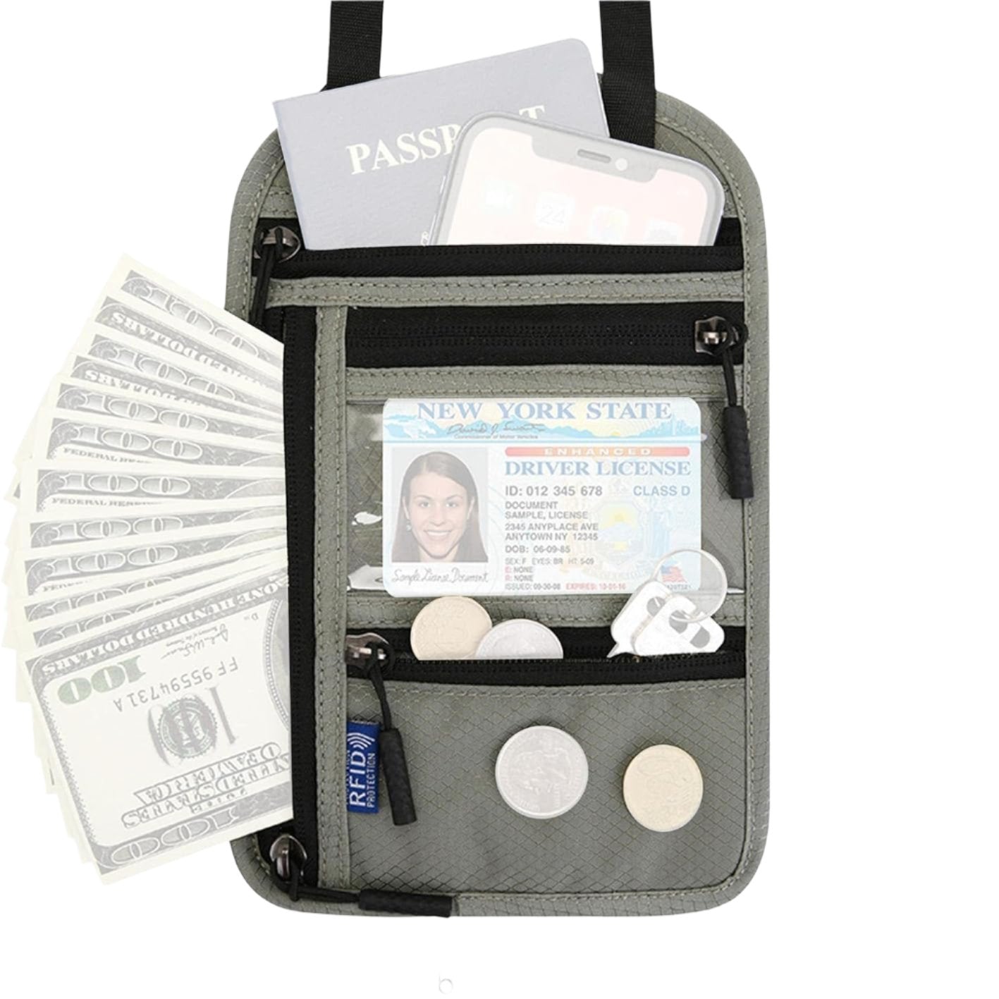 Portadocumenti da viaggio grigio con passaporto, smartphone, patente, contanti e monete. Accessorio RFID sicuro per viaggiatori.