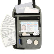 Portadocumenti da viaggio grigio con passaporto, smartphone, patente, contanti e monete. Accessorio RFID sicuro per viaggiatori.