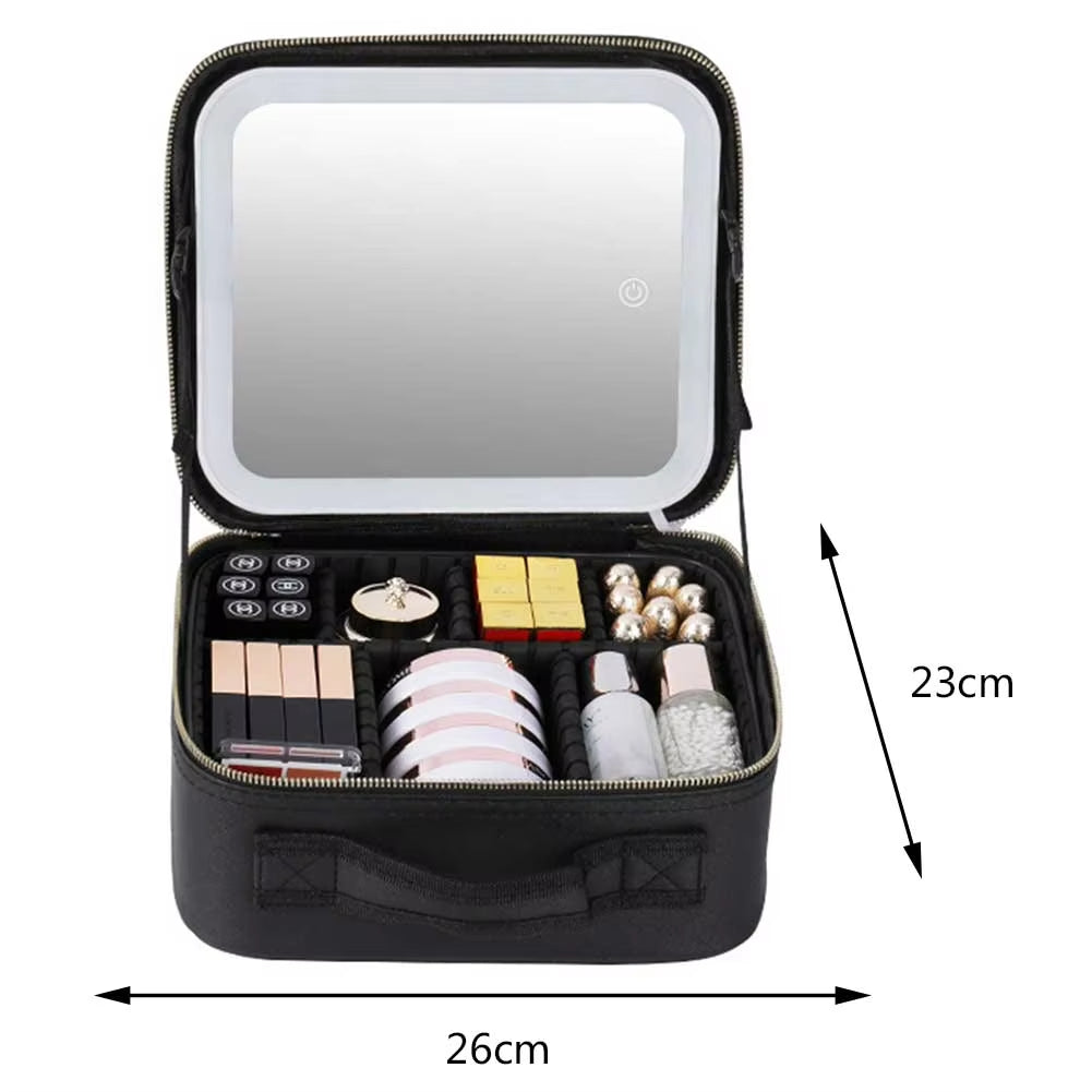Beauty case nero con specchio LED, dimensioni 26x23 cm, contenente trucchi e accessori. Ideale per organizzare cosmetici in viaggio.