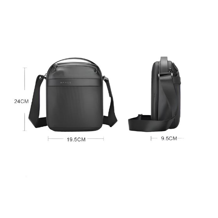 Borsa a tracolla nera in pelle PU, dimensioni 24x19.5x9.5 cm, design moderno e compatto, ideale per uomo, con cinghia regolabile.
